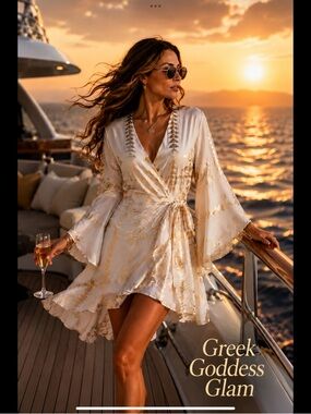 Soft Gold Greek Goddess Wrap Dress Metallic Resort Mini Dress Bell Sleeve Greece